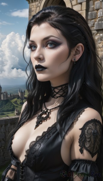 1girl,solo,long hair,breasts,looking at viewer,blue eyes,black hair,dress,cleavage,bare shoulders,jewelry,medium breasts,upper body,earrings,outdoors,parted lips,detached sleeves,sky,sleeveless,choker,day,cloud,necklace,black dress,blue sky,lips,eyelashes,tattoo,makeup,black choker,lipstick,eyeshadow,realistic,nose,eyeliner,brick wall,mascara,gothic,black lips,small breasts,ocean,lace,castle