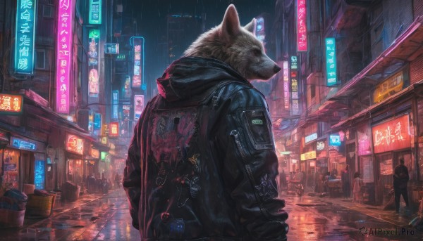 jacket, outdoors, hood, from behind, black jacket, dutch angle, night, building, scenery, furry, rain, city, sign, hands in pockets, road, furry male, street, cyberpunk, neon lights