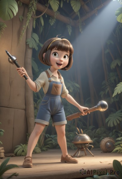 1girl,solo,looking at viewer,smile,short hair,open mouth,bangs,brown hair,shirt,holding,brown eyes,standing,full body,white shirt,:d,hairband,outdoors,shoes,shorts,teeth,day,collared shirt,blunt bangs,leaf,upper teeth only,brown footwear,sunlight,plant,child,sleeves rolled up,light rays,female child,overalls,hammer,industrial pipe,flashlight,blue overalls,overall shorts,short sleeves,bob cut,denim,robot