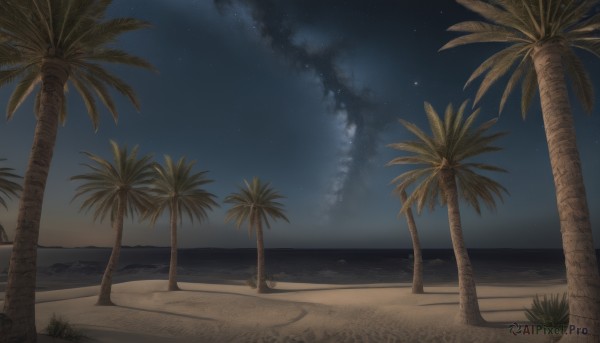 outdoors,sky,cloud,water,tree,no humans,night,ocean,beach,star (sky),night sky,scenery,smoke,starry sky,sand,palm tree,shore,monochrome,horizon