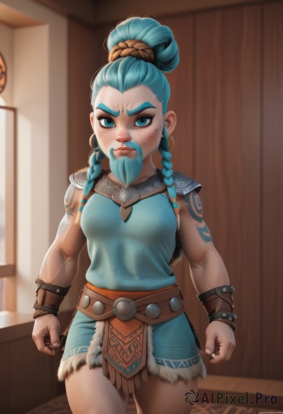 1girl,solo,long hair,breasts,looking at viewer,blush,blue eyes,shirt,hair ornament,dress,jewelry,medium breasts,closed mouth,blue hair,standing,braid,thighs,cowboy shot,earrings,small breasts,sleeveless,belt,artist name,indoors,signature,armor,mole,blurry,twin braids,bracelet,lips,fur trim,eyelashes,aqua hair,tattoo,makeup,muscular,depth of field,blurry background,facial hair,frown,watermark,thick eyebrows,blue shirt,lipstick,shoulder armor,web address,beard,eyeshadow,clenched hands,hoop earrings,nose,hair tie,arms at sides,muscular female,bracer,arm tattoo,facepaint,facial tattoo,hair pulled back,sweat,hair bun,window,single hair bun,freckles