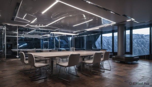 sky,indoors,tree,no humans,window,chair,table,scenery,snow,science fiction,wooden floor,mountain,wooden chair,desk,glass,light,tile floor,ceiling light