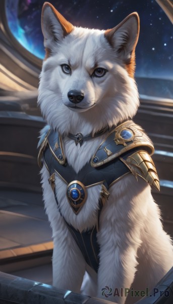 solo,looking at viewer,blue eyes,jewelry,closed mouth,sky,signature,armor,black eyes,collar,no humans,night,animal,shoulder armor,gem,star (sky),night sky,starry sky,pauldrons,dog,space,animal focus,white fur,blue gemstone,brown eyes,upper body,artist name,brooch,wolf