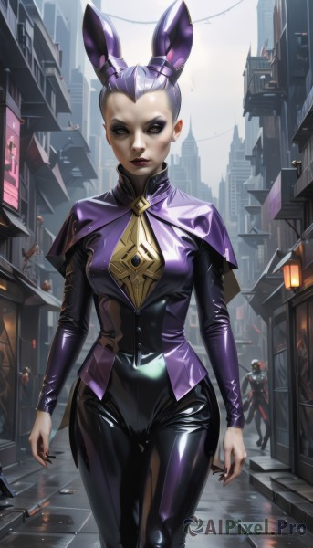 1girl,breasts,looking at viewer,short hair,long sleeves,animal ears,brown eyes,medium breasts,closed mouth,standing,jacket,purple hair,outdoors,multiple boys,solo focus,shiny,pants,nail polish,lips,fingernails,bodysuit,makeup,capelet,thigh gap,black pants,lipstick,building,black nails,skin tight,eyeshadow,walking,science fiction,shiny clothes,city,black bodysuit,purple jacket,hair slicked back,street,purple lips,cyberpunk,black lips,latex bodysuit,solo,1boy,white hair,multicolored hair,rabbit ears,two-tone hair,robot,realistic,latex