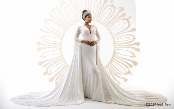 1girl,solo,looking at viewer,simple background,black hair,long sleeves,white background,dress,jewelry,standing,full body,earrings,dark skin,hair bun,white dress,dark-skinned female,single hair bun,own hands together,tiara,crown,realistic,long dress,breasts,hat,cleavage,makeup,wedding dress