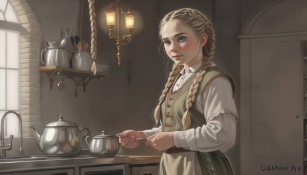 1girl,solo,long hair,blush,blue eyes,blonde hair,brown hair,shirt,long sleeves,dress,holding,closed mouth,white shirt,braid,indoors,apron,vest,twin braids,lips,window,table,knife,hair over shoulder,freckles,spoon,lamp,teapot,cabinet,kettle,smile,upper body,sunlight,realistic,ladle,kitchen