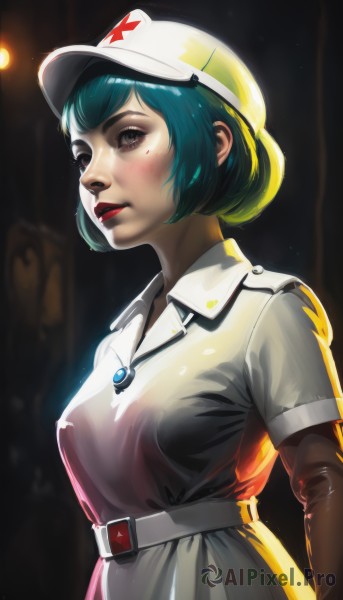 1girl,solo,breasts,looking at viewer,blush,short hair,bangs,long sleeves,hat,dress,brown eyes,jewelry,medium breasts,closed mouth,blue hair,upper body,short sleeves,green hair,belt,necklace,mole,blurry,lips,mole under eye,aqua hair,makeup,blurry background,white headwear,helmet,lipstick,buckle,pendant,freckles,belt buckle,nose,collared dress,red lips,skirt,shirt,backlighting,realistic