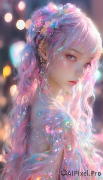 1girl,solo,long hair,looking at viewer,bangs,hair ornament,jewelry,closed mouth,green eyes,upper body,pink hair,braid,flower,earrings,artist name,hair flower,mole,blurry,from side,lips,looking to the side,grey eyes,eyelashes,makeup,depth of field,blurry background,wavy hair,expressionless,piercing,backlighting,freckles,bokeh,multicolored hair,gradient hair,gem,light particles,pink lips,realistic,nose,mascara