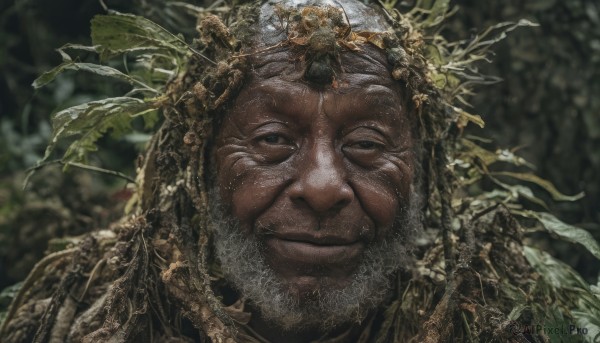 solo,looking at viewer,smile,1boy,closed mouth,grey hair,male focus,outdoors,blurry,black eyes,depth of field,blurry background,facial hair,leaf,plant,portrait,nature,beard,realistic,old,old man,crown