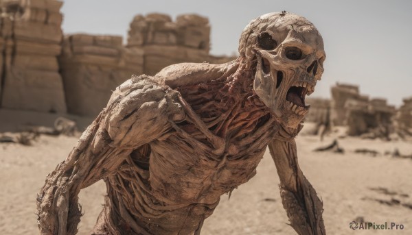 solo,open mouth,outdoors,teeth,day,blurry,no humans,blurry background,building,1other,skull,monster,ruins,ribs,skeleton,bone,alien,spine,sky,horror (theme),desert