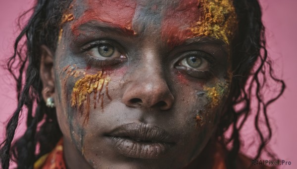 1girl,solo,long hair,looking at viewer,simple background,black hair,1boy,brown eyes,jewelry,closed mouth,male focus,earrings,parted lips,teeth,dark skin,lips,grey eyes,pink background,portrait,close-up,realistic,blue eyes,blurry,eyelashes,blood,clenched teeth,freckles,dirty,gold,dirty face