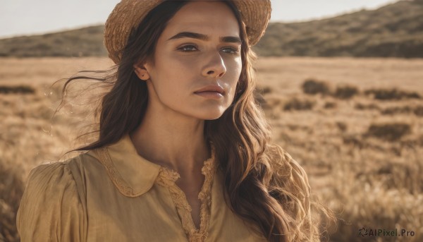 1girl,solo,long hair,looking at viewer,brown hair,shirt,black hair,hat,brown eyes,closed mouth,white shirt,upper body,outdoors,day,collared shirt,blurry,lips,depth of field,blurry background,portrait,freckles,realistic,nose,brown headwear,straw hat,field,sunlight,thick eyebrows,messy hair,sand,sepia,brown theme,mole on cheek