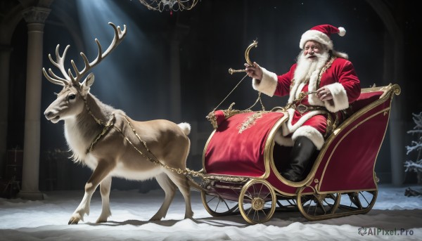 HQ,solo,1boy,hat,sitting,white hair,male focus,boots,black footwear,tree,fur trim,night,facial hair,chain,animal,christmas,beard,snow,santa hat,santa costume,leash,mustache,antlers,old,old man,reindeer,reins,brown hair,gloves,belt,collar,brown gloves,snowing,reindeer antlers