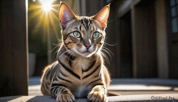 HQ,solo,looking at viewer,closed mouth,green eyes,outdoors,day,indoors,blurry,no humans,window,depth of field,blurry background,animal,sunlight,cat,realistic,door,sun,animal focus,whiskers,weibo username,sitting,yellow eyes,signature,slit pupils,colored sclera,yellow sclera