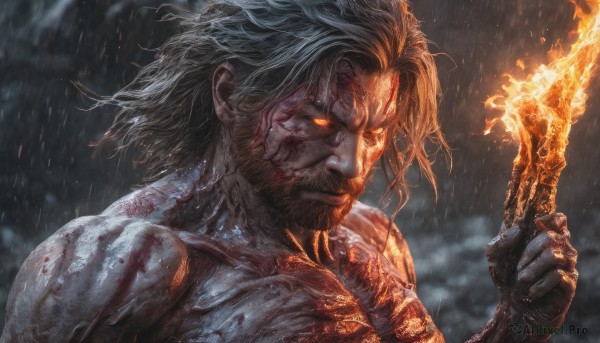 solo,gloves,1boy,holding,closed mouth,yellow eyes,upper body,weapon,white hair,male focus,sword,holding weapon,blurry,orange eyes,gun,blood,muscular,glowing,facial hair,scar,holding sword,fire,holding gun,glowing eyes,beard,rain,veins,blood on face,realistic,mustache,manly,short hair,grey hair,outdoors,hand up,armor,from side,blurry background,portrait,topless male