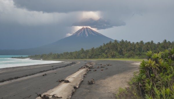 outdoors,sky,day,cloud,water,tree,blue sky,no humans,ocean,beach,cloudy sky,grass,plant,nature,scenery,forest,rock,mountain,sand,horizon,road,landscape,mountainous horizon,shore,waves,mount fuji