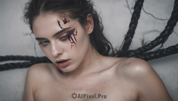 1girl,solo,long hair,looking at viewer,blue eyes,black hair,collarbone,upper body,nude,parted lips,lips,blood,scar,messy hair,injury,realistic,eyelashes,makeup,portrait,red lips