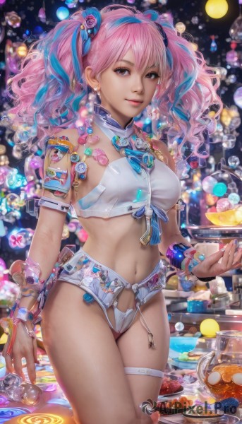 1girl,solo,long hair,breasts,looking at viewer,smile,bangs,hair ornament,ribbon,navel,bare shoulders,twintails,brown eyes,jewelry,medium breasts,closed mouth,underwear,blue hair,standing,panties,hair ribbon,pink hair,multicolored hair,cowboy shot,earrings,food,sleeveless,midriff,nail polish,bracelet,two-tone hair,cup,lips,streaked hair,crop top,fingernails,thigh strap,ring,bandaid,pink nails,drinking glass,watch,bandaid on leg,thighs,hairband,pink eyes,stomach,armor,white panties,wrist cuffs,watermark,wavy hair,blue ribbon,web address,tray,realistic,badge,button badge