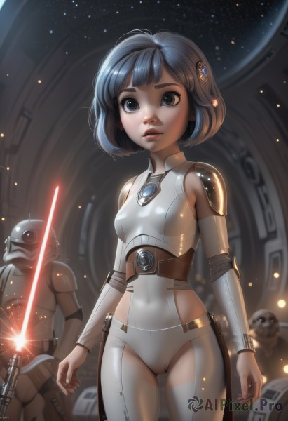 1girl,breasts,looking at viewer,short hair,blue eyes,black hair,hair ornament,blue hair,standing,weapon,ass,cowboy shot,small breasts,parted lips,multiple boys,solo focus,signature,armor,black eyes,lips,gun,grey eyes,bodysuit,covered navel,cameltoe,bob cut,helmet,robot,mecha,skin tight,science fiction,realistic,nose,space,white bodysuit,cyborg,alien,energy sword,spacecraft,energy gun,soldier,spacesuit,laser,lightsaber,detached sleeves,sword,watermark,star (sky),web address