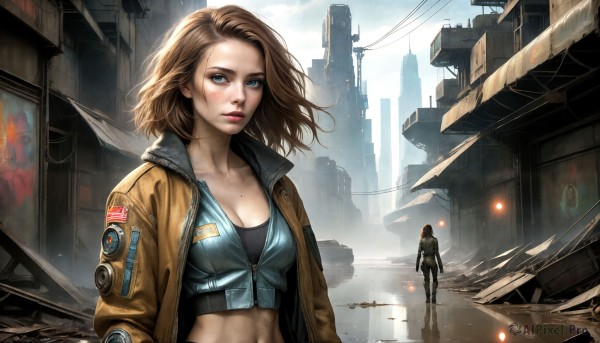 HQ,1girl,breasts,looking at viewer,short hair,blue eyes,multiple girls,blonde hair,brown hair,navel,2girls,cleavage,medium breasts,standing,collarbone,jacket,outdoors,parted lips,open clothes,sky,solo focus,day,midriff,pants,cloud,medium hair,mole,open jacket,lips,crop top,dutch angle,wind,building,zipper,freckles,cropped jacket,walking,science fiction,mole on breast,brown jacket,city,realistic,unzipped,road,ruins,dirty,bomber jacket,post-apocalypse,1boy,upper body,signature,makeup,lipstick,reflection,toned,emblem,badge,dirty face