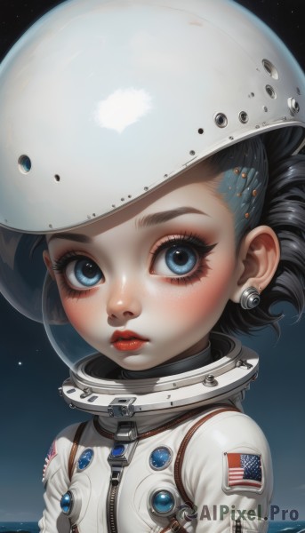 1girl,solo,looking at viewer,short hair,blue eyes,black hair,jewelry,closed mouth,upper body,earrings,sky,artist name,signature,lips,eyelashes,makeup,helmet,lipstick,star (sky),zipper,freckles,realistic,nose,red lips,eyeliner,space,planet,american flag,mascara,spacesuit,japanese flag,space helmet,astronaut,blush,water,night,ocean,expressionless,piercing,moon,clothes writing,web address,forehead,eyeshadow,reflection