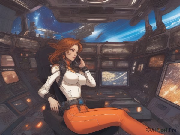 1girl,solo,long hair,breasts,looking at viewer,large breasts,brown hair,brown eyes,jewelry,medium breasts,sitting,earrings,sky,belt,pants,lips,bodysuit,star (sky),skin tight,science fiction,space,planet,spacecraft,cockpit,holographic interface,orange pants,makeup,lipstick,pilot suit,earth (planet),spacesuit