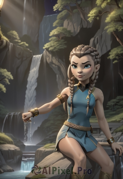 1girl,solo,long hair,breasts,looking at viewer,smile,blue eyes,brown hair,dress,holding,bare shoulders,jewelry,sitting,closed mouth,braid,small breasts,boots,outdoors,sky,sleeveless,pointy ears,belt,artist name,water,twin braids,bracelet,tree,lips,night,sleeveless dress,blue dress,watermark,short dress,thick eyebrows,knee boots,aged down,star (sky),nature,night sky,hair over shoulder,web address,forehead,armlet,freckles,patreon username,rock,nose,bracer,soaking feet,waterfall,blush,medium breasts,feet out of frame,starry sky