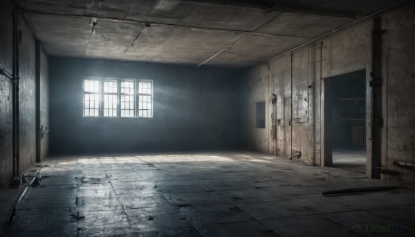 day,indoors,no humans,window,sunlight,scenery,light rays,door,light,ruins,hallway,shadow,tiles,wall,sunbeam,tile floor,broken,crack,floor,ceiling,ceiling light,industrial pipe,cracked wall,broken window