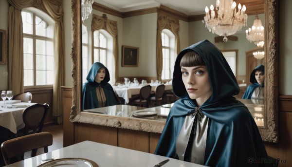 1girl,solo,looking at viewer,short hair,bangs,blue eyes,multiple girls,brown hair,shirt,black hair,ribbon,sitting,white shirt,upper body,indoors,hood,blunt bangs,cape,cup,lips,window,chair,table,cloak,hood up,reflection,teacup,mirror,spoon,candle,hooded cloak,different reflection,chandelier,2girls,brown eyes,solo focus,3girls,parody,scenery,realistic,fine art parody