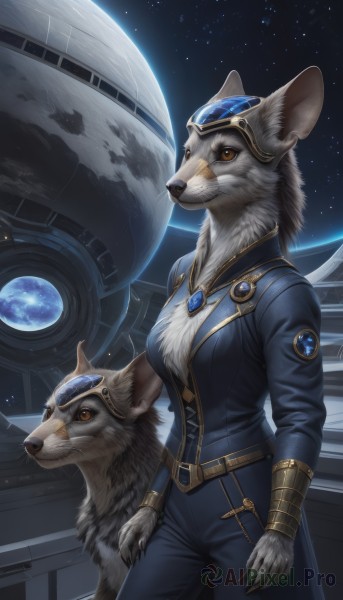 1girl,solo,breasts,looking at viewer,long sleeves,animal ears,brown eyes,jewelry,medium breasts,closed mouth,standing,jacket,cowboy shot,sky,belt,pants,artist name,signature,animal,blue jacket,brooch,goggles,gem,star (sky),claws,furry,starry sky,goggles on head,furry female,blue pants,space,body fur,planet,whiskers,snout,earth (planet),spacecraft,gloves,hat,yellow eyes,earrings,orange eyes,helmet,realistic,ears through headwear,grey fur