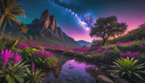 flower, outdoors, sky, water, tree, no humans, night, grass, plant, star (sky), nature, night sky, scenery, starry sky, reflection, rock, palm tree