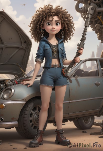 1girl,solo,long hair,looking at viewer,smile,brown hair,shirt,navel,holding,brown eyes,jewelry,standing,collarbone,jacket,full body,weapon,earrings,boots,outdoors,open clothes,sky,shorts,day,midriff,belt,cloud,dark skin,necklace,black footwear,flat chest,open jacket,dark-skinned female,lips,crop top,short shorts,brown footwear,denim,blue jacket,ground vehicle,motor vehicle,blue shorts,denim shorts,curly hair,aircraft,car,cutoffs,big hair,vehicle focus,wrench,denim jacket,artist name,holding weapon,gun,watermark,holding gun,rifle,buckle,sleeves rolled up,hoop earrings,airplane,peace symbol