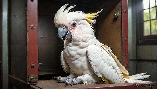 HQ,solo,looking at viewer,blush,sitting,wings,indoors,blurry,black eyes,no humans,window,bird,animal,feathers,realistic,door,animal focus,brown eyes,day,talons,beak