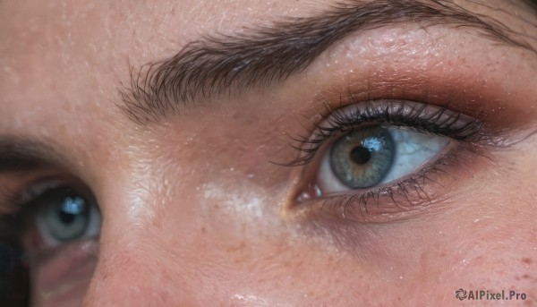 1girl,solo,looking at viewer,blue eyes,blurry,eyelashes,close-up,freckles,reflection,realistic,eye focus,1boy,green eyes,male focus