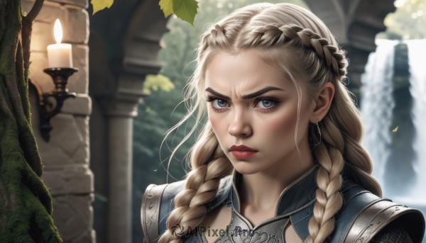 1girl,solo,long hair,looking at viewer,blue eyes,blonde hair,jewelry,closed mouth,upper body,braid,earrings,outdoors,day,artist name,water,armor,blurry,twin braids,tree,lips,makeup,depth of field,blurry background,leaf,lipstick,shoulder armor,portrait,freckles,pauldrons,realistic,nose,red lips,stud earrings,candle,waterfall,signature,grey eyes,forehead,serious,pillar,column