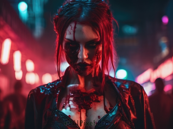 1girl,solo,breasts,looking at viewer,short hair,large breasts,red eyes,cleavage,medium breasts,jacket,upper body,red hair,open clothes,blurry,lips,black jacket,blood,makeup,night,depth of field,blurry background,forehead,blood on face,nose,blood on clothes,leather,cyborg,blood splatter,leather jacket,cyberpunk,long hair,black hair,closed mouth,underwear,outdoors,bra,open jacket,rain,realistic