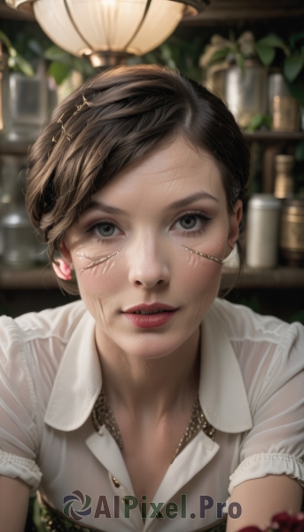 1girl,solo,breasts,looking at viewer,short hair,brown hair,shirt,black hair,hair ornament,cleavage,jewelry,white shirt,upper body,short sleeves,earrings,parted lips,teeth,collared shirt,indoors,blurry,black eyes,puffy short sleeves,lips,grey eyes,eyelashes,depth of field,blurry background,scar,plant,scar on face,freckles,realistic,nose,stitches,necklace,see-through,watermark