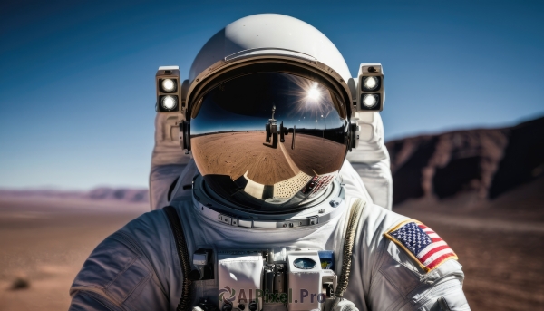 solo,upper body,outdoors,sky,day,blurry,military,depth of field,blurry background,helmet,1other,science fiction,realistic,planet,ambiguous gender,american flag,spacesuit,desert,japanese flag,pilot,space helmet,united states,astronaut,1girl,1boy,multiple boys,2boys,blue sky,pilot suit,american flag print