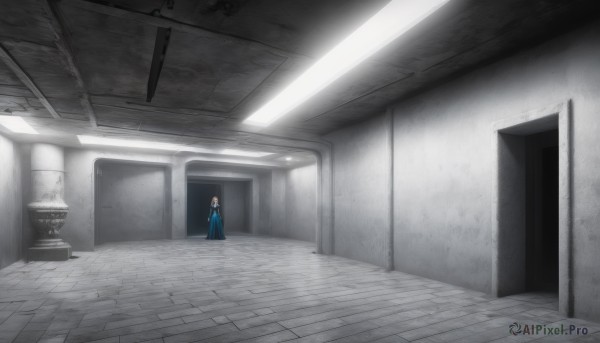 1girl,solo,dress,standing,indoors,blue dress,scenery,stairs,door,light,wide shot,horror (theme),ceiling,hallway,looking at viewer,short hair,blue eyes,blonde hair,monochrome,greyscale,hairband,tiles,tile floor,ceiling light