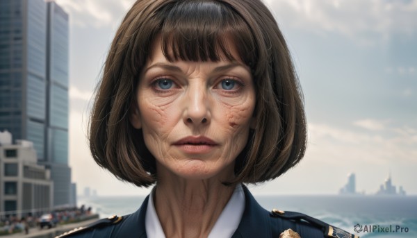 1girl,solo,looking at viewer,short hair,bangs,blue eyes,brown hair,shirt,jacket,white shirt,hairband,outdoors,parted lips,sky,day,collared shirt,cloud,water,blurry,uniform,lips,depth of field,blurry background,ocean,bob cut,cloudy sky,blue jacket,building,portrait,city,realistic,police,police uniform,policewoman,black hair,closed mouth,scar,expressionless,scar on face,close-up,nose,cityscape