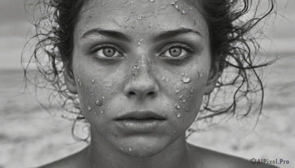 1girl,solo,looking at viewer,short hair,1boy,closed mouth,monochrome,greyscale,male focus,water,blurry,lips,floating hair,expressionless,messy hair,portrait,bubble,underwater,realistic,air bubble,straight-on,facial hair,close-up,stubble,submerged