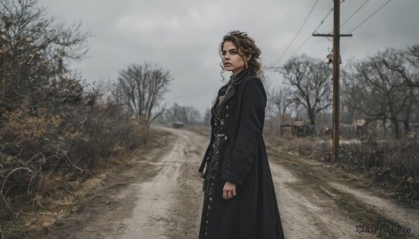 1girl,solo,long hair,looking at viewer,brown hair,long sleeves,jewelry,closed mouth,standing,outdoors,sky,cloud,necklace,black dress,from side,tree,coat,buttons,cloudy sky,scenery,black coat,realistic,road,power lines,bare tree,utility pole,photo background,fog,grey sky,dress,brown eyes,day,ring,street,overcast