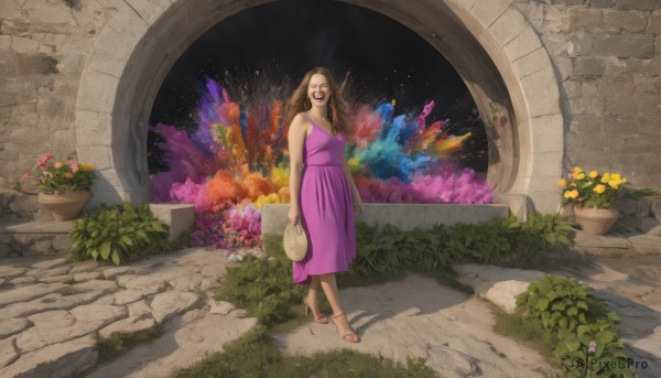 1girl,solo,long hair,breasts,looking at viewer,smile,brown hair,hat,dress,holding,bare shoulders,medium breasts,standing,full body,flower,shadow,sandals,plant,pink dress,purple dress,headwear removed,walking,hat removed,yellow flower,holding clothes,potted plant,wide shot,holding hat