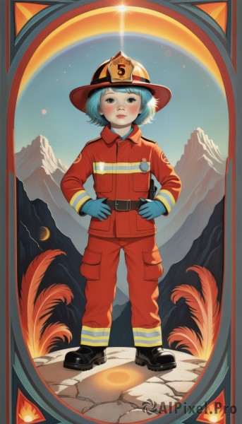 1girl,solo,looking at viewer,short hair,gloves,long sleeves,hat,closed mouth,blue hair,standing,jacket,full body,boots,outdoors,sky,shoes,belt,pants,black footwear,black eyes,lips,aqua hair,moon,helmet,red jacket,hands on hips,mountain,sun,blue gloves,red pants,blush,watermark