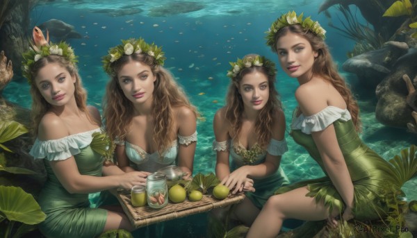 long hair,breasts,looking at viewer,smile,blue eyes,multiple girls,brown hair,hair ornament,dress,cleavage,bare shoulders,brown eyes,medium breasts,sitting,closed mouth,collarbone,braid,flower,small breasts,frills,parted lips,food,hair flower,water,off shoulder,cup,lips,strapless,4girls,fruit,animal,leaf,wavy hair,plant,strapless dress,fish,green dress,underwater,realistic,nose,off-shoulder dress,apple,basket,head wreath,egg,lily pad,holding,outdoors,artist name,dark skin,dark-skinned female,makeup,table,sunlight,monster girl,nature,tray,rock,mug,lemon,aquarium,seaweed