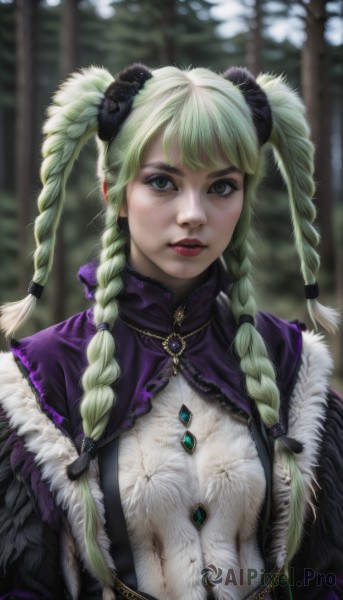 1girl,solo,long hair,looking at viewer,bangs,hair ornament,dress,twintails,jewelry,closed mouth,green eyes,upper body,braid,green hair,necklace,blurry,twin braids,lips,grey eyes,fur trim,eyelashes,makeup,depth of field,blurry background,lipstick,brooch,gem,realistic,red lips,multiple braids,blonde hair,flower,hair flower,black eyes