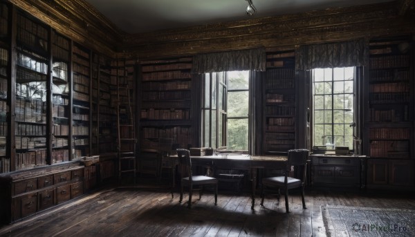 day,indoors,tree,book,no humans,window,chair,table,sunlight,scenery,desk,light rays,wooden floor,bookshelf,lamp,sunbeam,shelf,book stack,library,ceiling,wooden chair,curtains