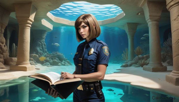 1girl,solo,breasts,looking at viewer,short hair,bangs,brown hair,shirt,holding,brown eyes,medium breasts,closed mouth,standing,weapon,short sleeves,cowboy shot,necktie,collared shirt,belt,pants,water,uniform,lips,parted bangs,book,swept bangs,ocean,sunlight,bob cut,blue shirt,black necktie,fish,holding book,bubble,pocket,pouch,light rays,blue necktie,rock,underwater,open book,nose,breast pocket,holster,air bubble,ruins,belt pouch,police,pillar,police uniform,policewoman,column,aquarium,blue eyes