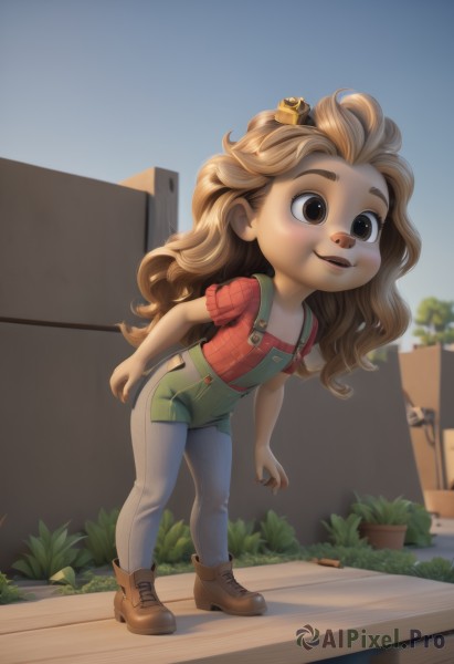 1girl,solo,long hair,smile,open mouth,blonde hair,brown hair,shirt,brown eyes,standing,full body,short sleeves,boots,outdoors,sky,teeth,day,pants,flat chest,blue sky,leaning forward,animal,brown footwear,suspenders,building,red shirt,child,freckles,on head,female child,overalls,animal on head,blue overalls,hair ornament,pantyhose,shorts,artist name,blurry,tree,plaid,blurry background,aged down,plant,potted plant,bush