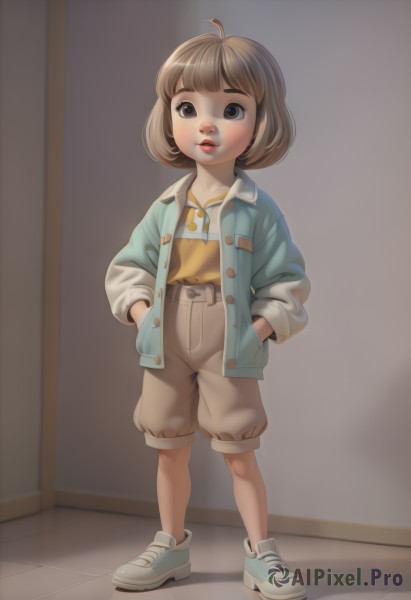 1girl,solo,looking at viewer,short hair,bangs,brown hair,shirt,long sleeves,brown eyes,standing,jacket,full body,parted lips,open clothes,shoes,shorts,pants,indoors,open jacket,lips,buttons,blue jacket,sneakers,child,yellow shirt,nose,hands in pockets,tiles,female child,tile floor,no socks,open mouth,ahoge,teeth,shadow,bob cut,red lips,shirt tucked in,orange shirt,brown shorts